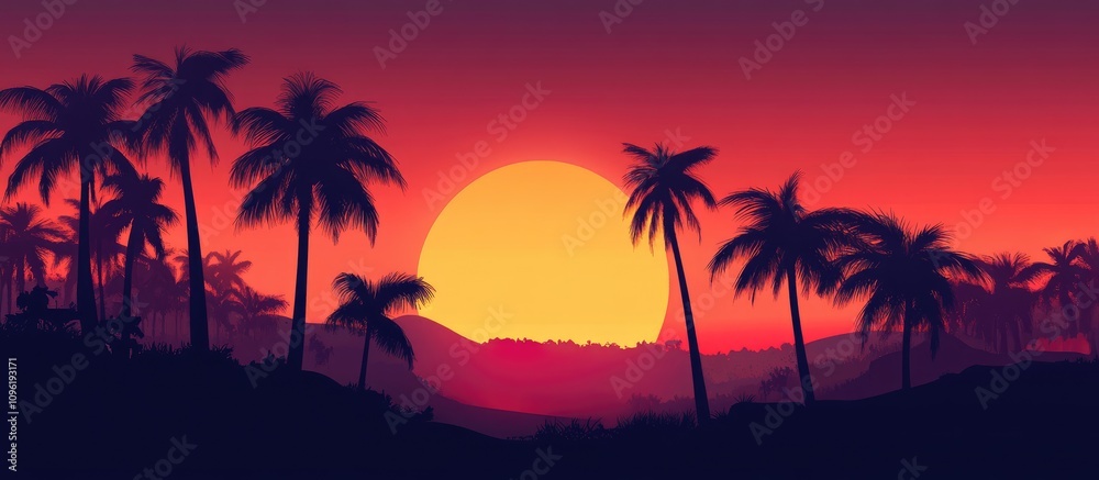 Tropical sunset with silhouetted palm trees creating a serene and picturesque landscape ideal for nature and travel themes