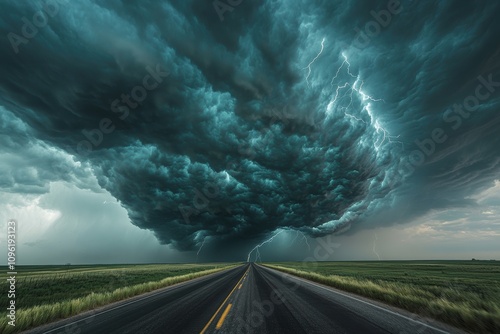 stormy weather, a desolate highway beneath gloomy storm clouds, periodically lit by stunning lightning flashes