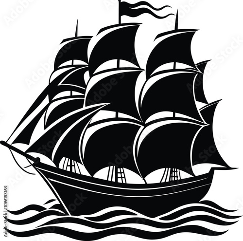 Sailing ship silhouette illustration on white background.
