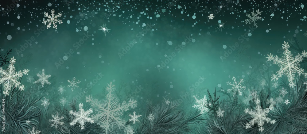 Snowflakes delicately falling on evergreen boughs against a soft green gradient background for a winter holiday theme Snowflakes delicately falling on evergreen boughs against a soft green gradient background for a winter holiday theme