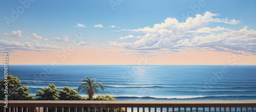 Tranquil summer ocean view from a balcony with palm trees under a bright blue sky and soft clouds reflecting in the calm water.