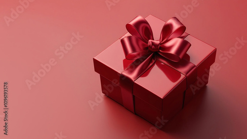 Luxurious Red Gift Box with Shiny Satin Ribbon and Elegant Bow on Clean Red Background, Simple Festive Luxury Celebration Banner or Greetings Card