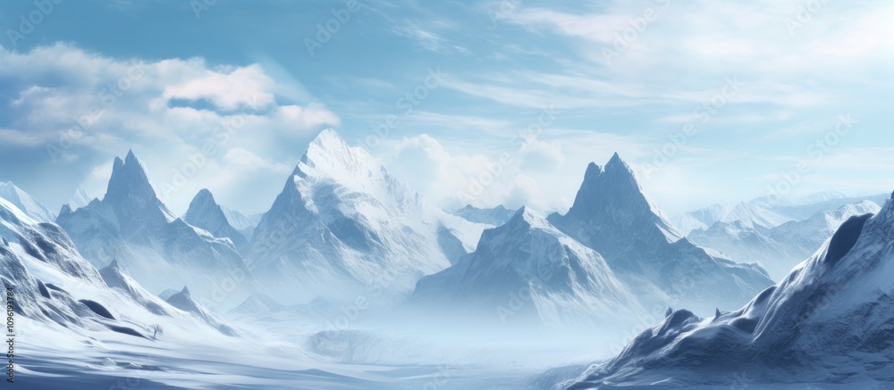 custom made wallpaper toronto digitalMajestic winter scene featuring snow-covered mountains under a clear blue sky with soft clouds and distant peaks in serene landscape.