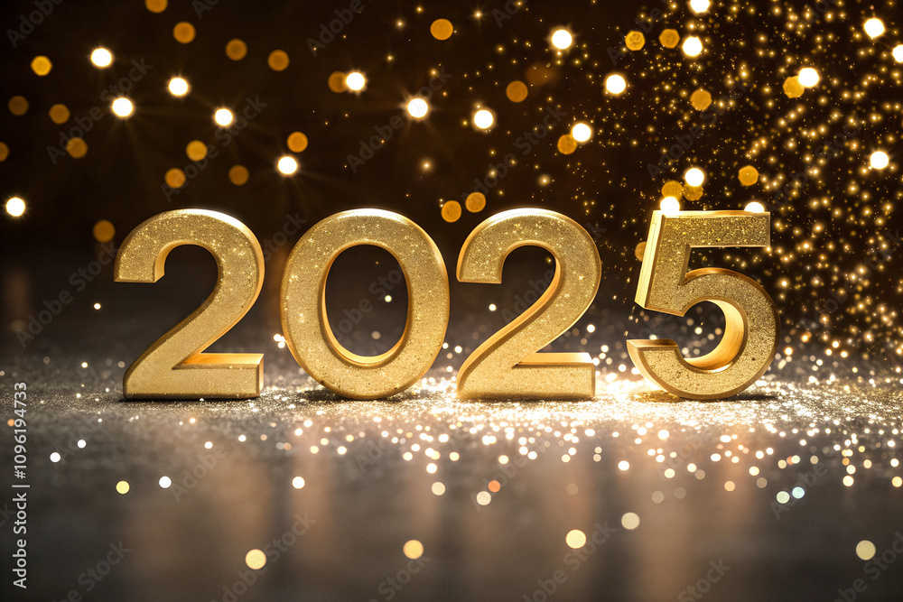 Golden 3D Numerals 2025 on a Sparkling Background with Shimmering Confetti for Festive and Elegant Celebrations Golden 3D Numerals 2025 on a Sparkling Background with Shimmering Confetti for Festive and Elegant Celebrations