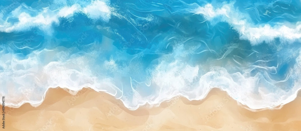 Beach waves with sandy shore summer backdrop ideal for holiday relaxation and vacation-themed designs or promotional materials Beach waves with sandy shore summer backdrop ideal for holiday relaxation and vacation-themed designs or promotional materials