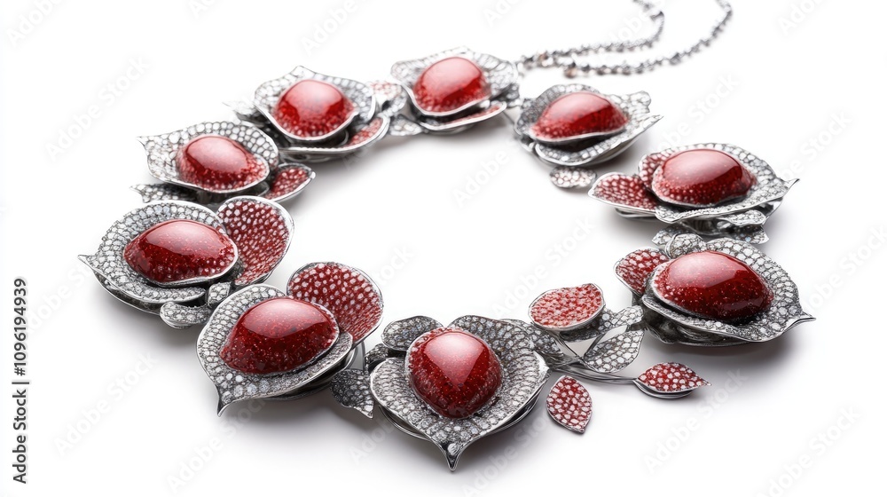 Elegant silver necklace featuring intricately designed red gemstone flowers, accented with delicate silver leaves and shimmering details. Elegant silver necklace featuring intricately designed red gemstone flowers, accented with delicate silver leaves and shimmering details.