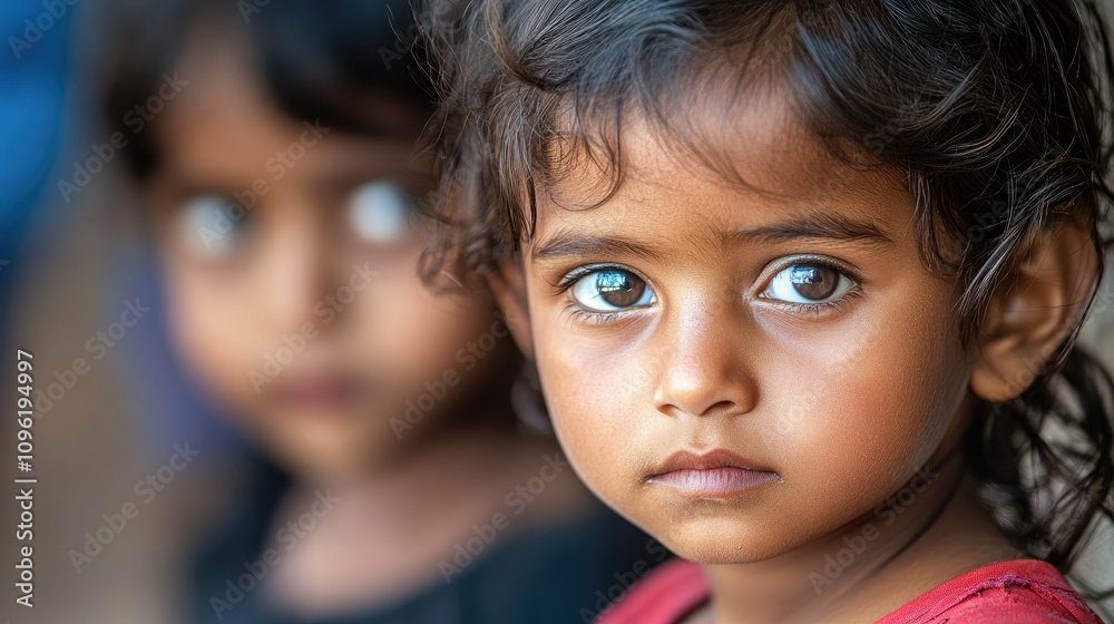 Serious young children with expressive eyes showing vulnerability, one child in focus with soft features, while another softly blurred in the background.