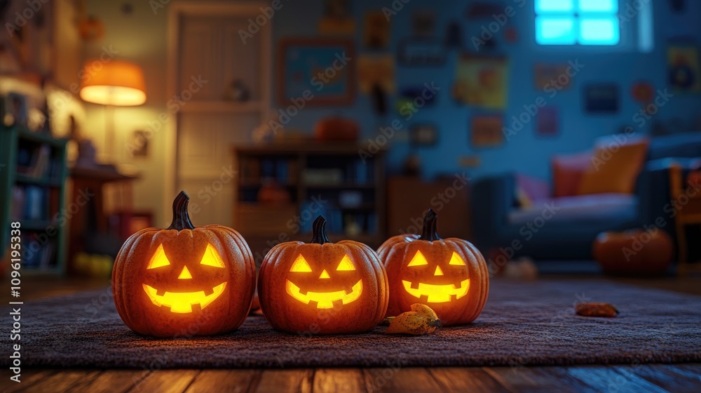Three glowing jack-o'-lanterns with cheerful faces set in a dimly lit, Halloween-themed living room featuring decorative elements and inviting ambiance. Three glowing jack-o'-lanterns with cheerful faces set in a dimly lit, Halloween-themed living room featuring decorative elements and inviting ambiance.