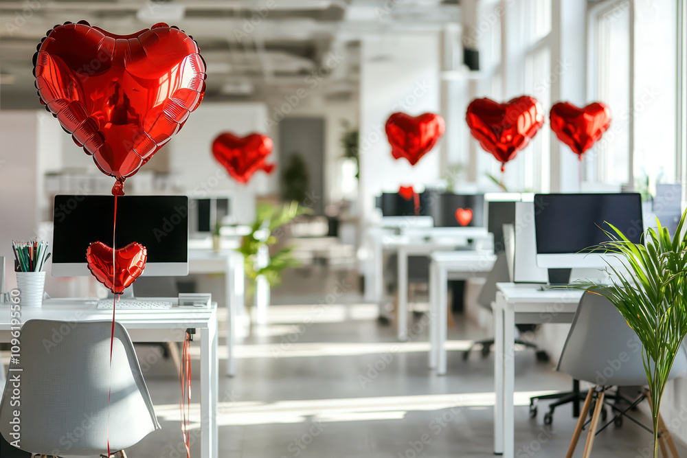 Creative Workspace Adorned With Vibrant Red Heart Balloons for a Joyful Atmosphere