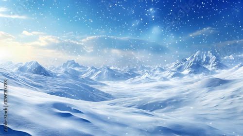 Expansive snowy winter landscape under a clear sky with open space for creative design elements