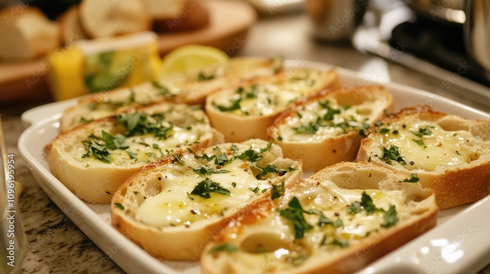 Freshly Baked Garlic Bread Slices Drizzled with Melted Butter and Garnished with Chopped Herbs on a White Platter Freshly Baked Garlic Bread Slices Drizzled with Melted Butter and Garnished with Chopped Herbs on a White Platter