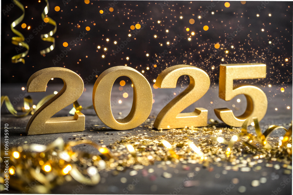 Golden 3D Numerals 2025 on a Sparkling Background with Shimmering Confetti for Festive and Elegant Celebrations Golden 3D Numerals 2025 on a Sparkling Background with Shimmering Confetti for Festive and Elegant Celebrations