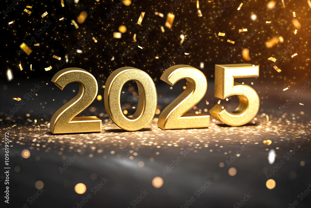 Golden 3D Numerals 2025 on a Sparkling Background with Shimmering Confetti for Festive and Elegant Celebrations Golden 3D Numerals 2025 on a Sparkling Background with Shimmering Confetti for Festive and Elegant Celebrations