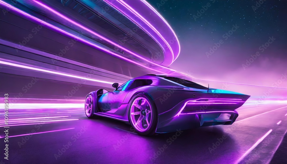 Immersive synth-wave night drive featuring a futuristic car glowing under vibrant purple neon hues, capturing the nostalgic allure of retro-futurism with sleek design and cinematic lighting Immersive synth-wave night drive featuring a futuristic car glowing under vibrant purple neon hues, capturing the nostalgic allure of retro-futurism with sleek design and cinematic lighting