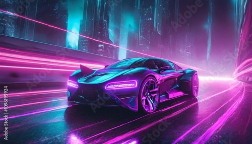 Immersive nighttime journey featuring a futuristic synth-wave car bathed in vibrant purple neon hues, set against a dreamy retro-futuristic cityscape evoking nostalgia and electric energy. photo