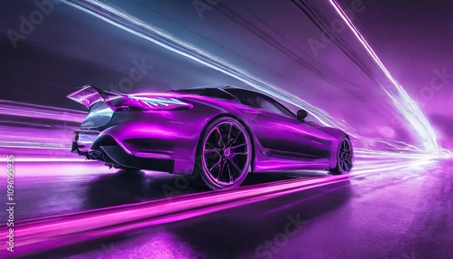 Immersive Night Driving Experience with Futuristic Synth-Wave Car Illuminated by Vibrant Purple Neon Lights Amidst a Retro-Futuristic Urban Landscape, Capturing a Cyberpunk Aesthetic