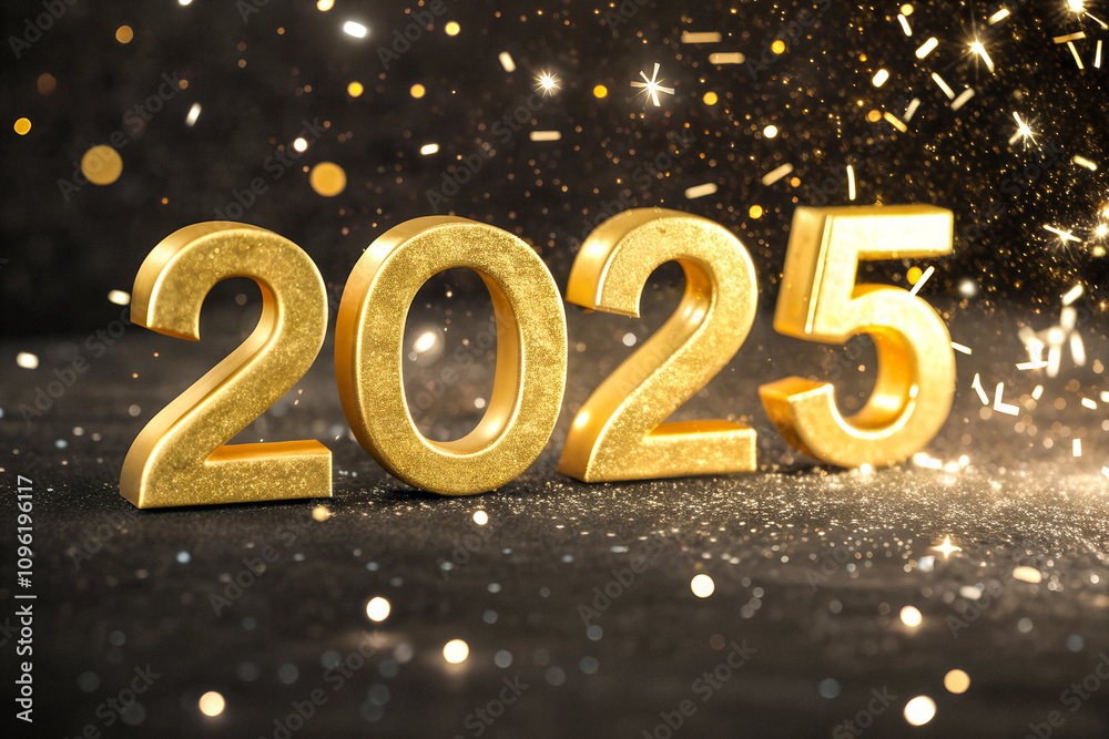 Golden 3D Numerals 2025 on a Sparkling Background with Shimmering Confetti for Festive and Elegant Celebrations Golden 3D Numerals 2025 on a Sparkling Background with Shimmering Confetti for Festive and Elegant Celebrations