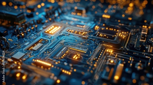 Detailed close-up of a circuit board showcasing intricate patterns of copper traces and glowing lights, capturing the complexity of modern electronic technology.