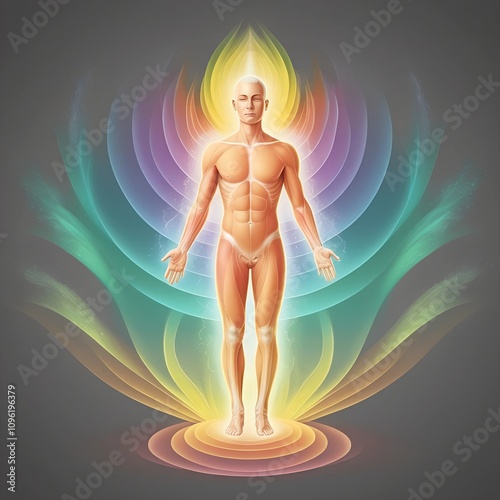 human body soul aura neon glow blue and pink black background silhouette chakra vital energy concept mind esotericism psychology