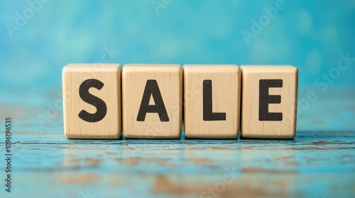 Wooden blocks arranged to spell SALE against a textured blue background, emphasizing a promotional message. photo