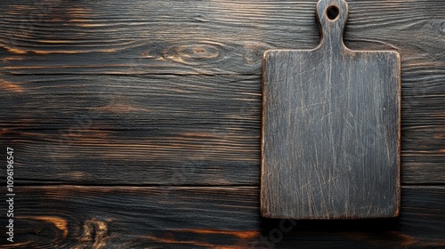 Dark gray wooden chopping board featuring a textured surface and prominent scratch marks, set against a rustic wooden background. photo