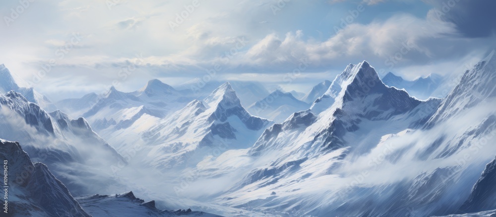 Obraz premium Majestic snowy mountains under a clear sky showcasing the serene beauty of winter's end in a stunning landscape view.
