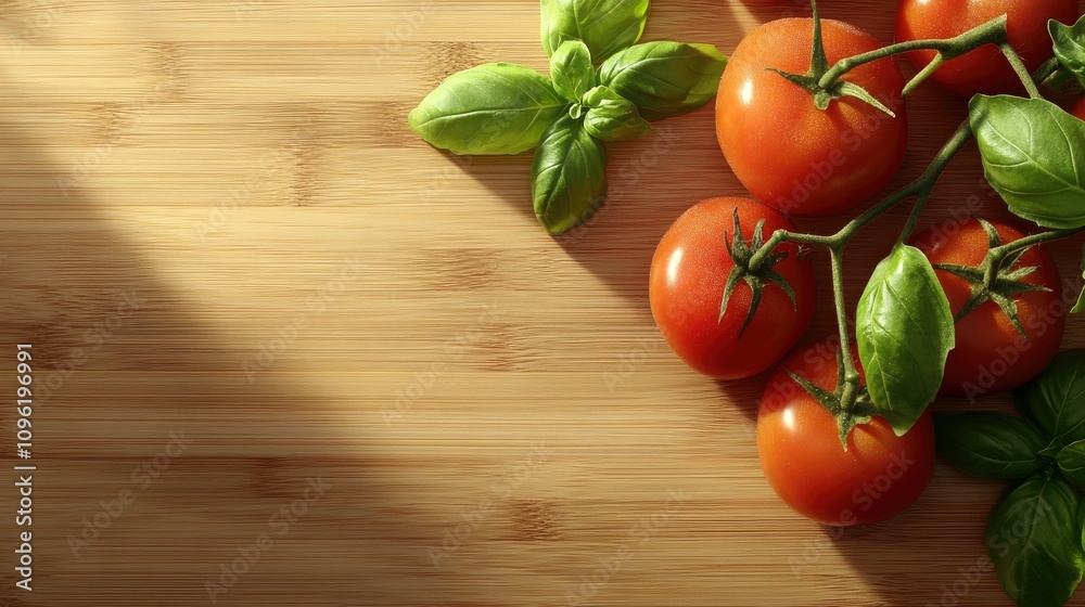 Ripe, vibrant tomatoes with fresh basil leaves on a rustic wooden surface, captured from above with spacious negative space enhancing the composition. Ripe, vibrant tomatoes with fresh basil leaves on a rustic wooden surface, captured from above with spacious negative space enhancing the composition.