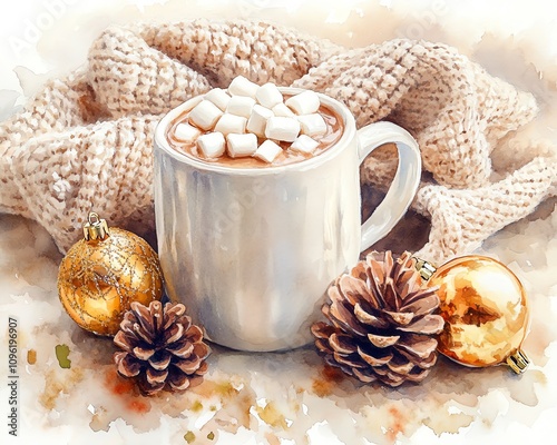 Watercolor illustration of a mug of hot cocoa with marshmallows, a cozy knit blanket nearby, Christmas ornaments and pinecones in soft focus, warm and inviting