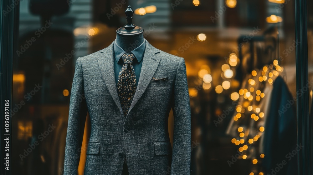Sophisticated gray suit displayed on a mannequin in an upscale boutique, featuring modern fashion elements and a stylish tie against a warm, bokeh-lit background.