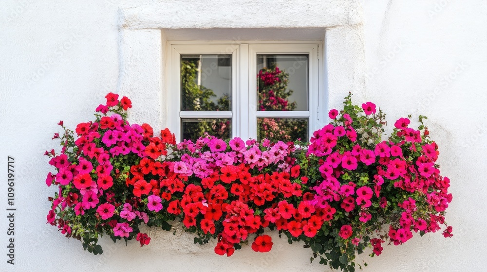Colorful blooms of red and pink petunias cascading around a white window, creating a cheerful and vibrant floral display. Colorful blooms of red and pink petunias cascading around a white window, creating a cheerful and vibrant floral display.