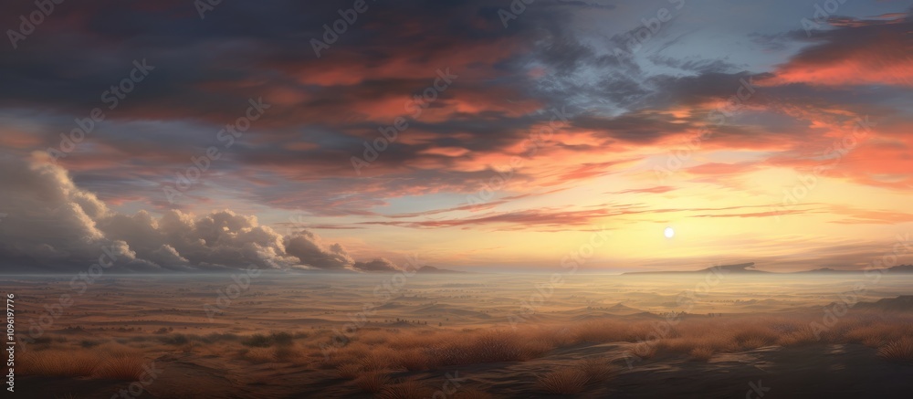 Vibrant sunset skies reflected over a serene landscape creating a breathtaking panoramic view at twilight. Vibrant sunset skies reflected over a serene landscape creating a breathtaking panoramic view at twilight.