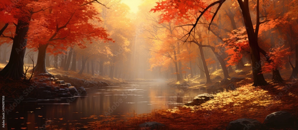Fototapeta premium Autumn forest landscape with vibrant orange leaves reflecting in tranquil water under soft sunlight beams