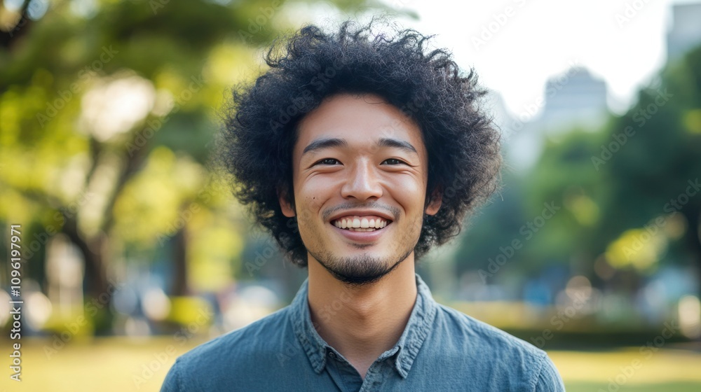 Smiling Asian man with an afro hairstyle, casual attire, and a lively park background Smiling Asian man with an afro hairstyle, casual attire, and a lively park background