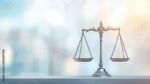 Elegant scales of justice positioned on a gray surface with a soft, blurred background, symbolizing fairness and law. photo