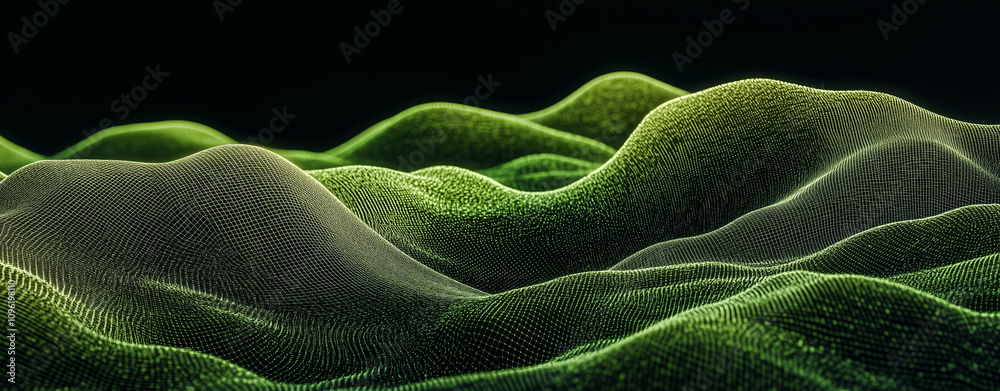 3D rendering of a green sand dune landscape made from grid lines 3D rendering of a green sand dune landscape made from grid lines