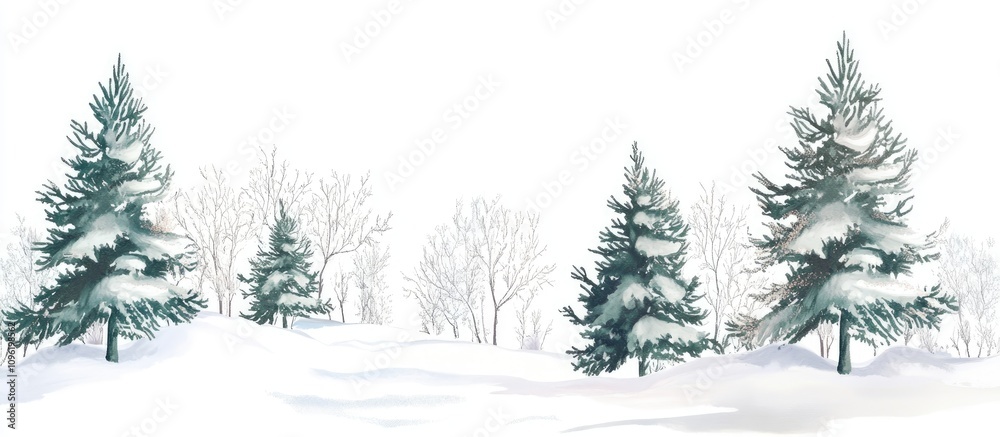 Obraz premium Winter snow landscape with evergreen trees on a white background depicting a serene Christmas holiday theme