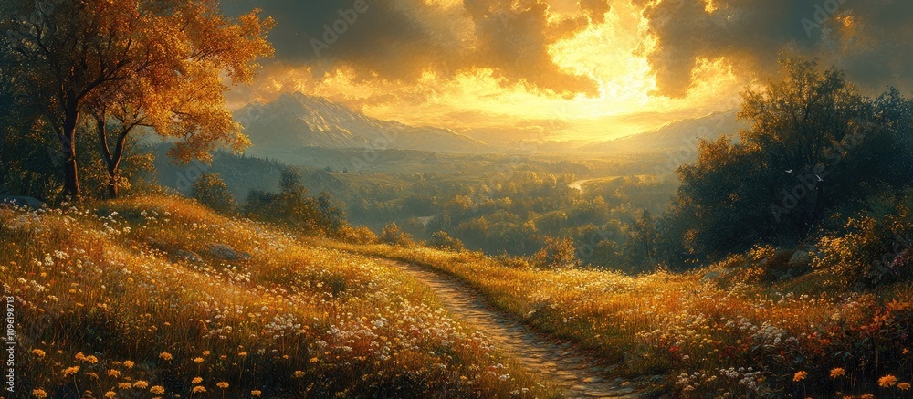 Obraz premium Scenic pathway winding through vibrant wildflowers towards a picturesque hill under a dramatic sunset sky.