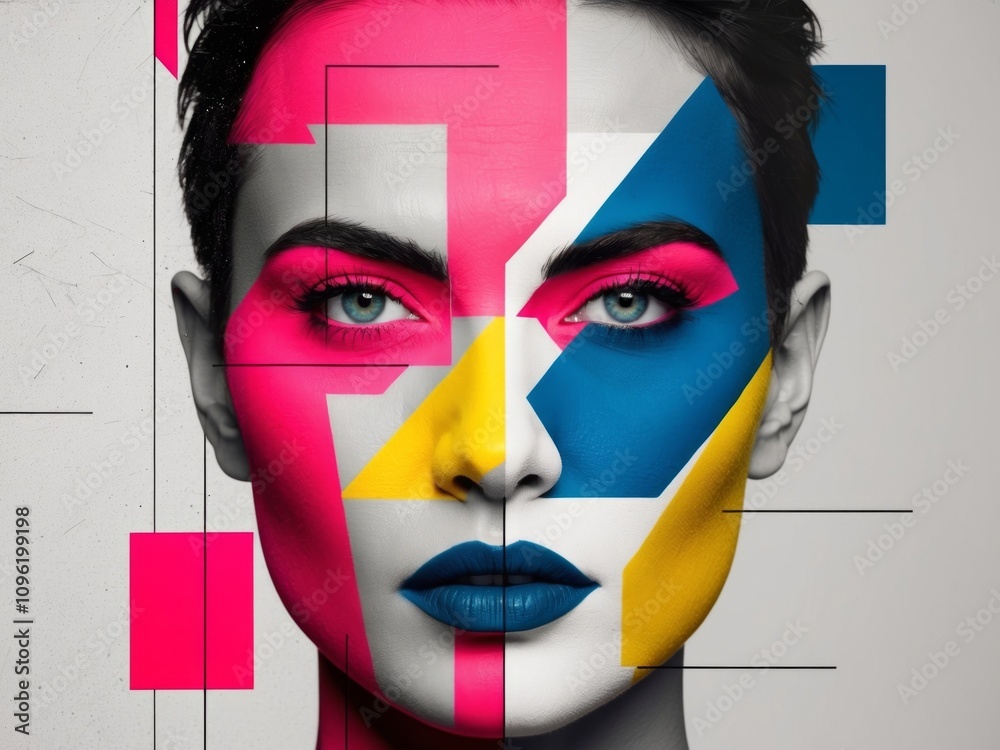 Modern Abstract Face Art In Bold Color Blocks. Modern Abstract Face Art In Bold Color Blocks.