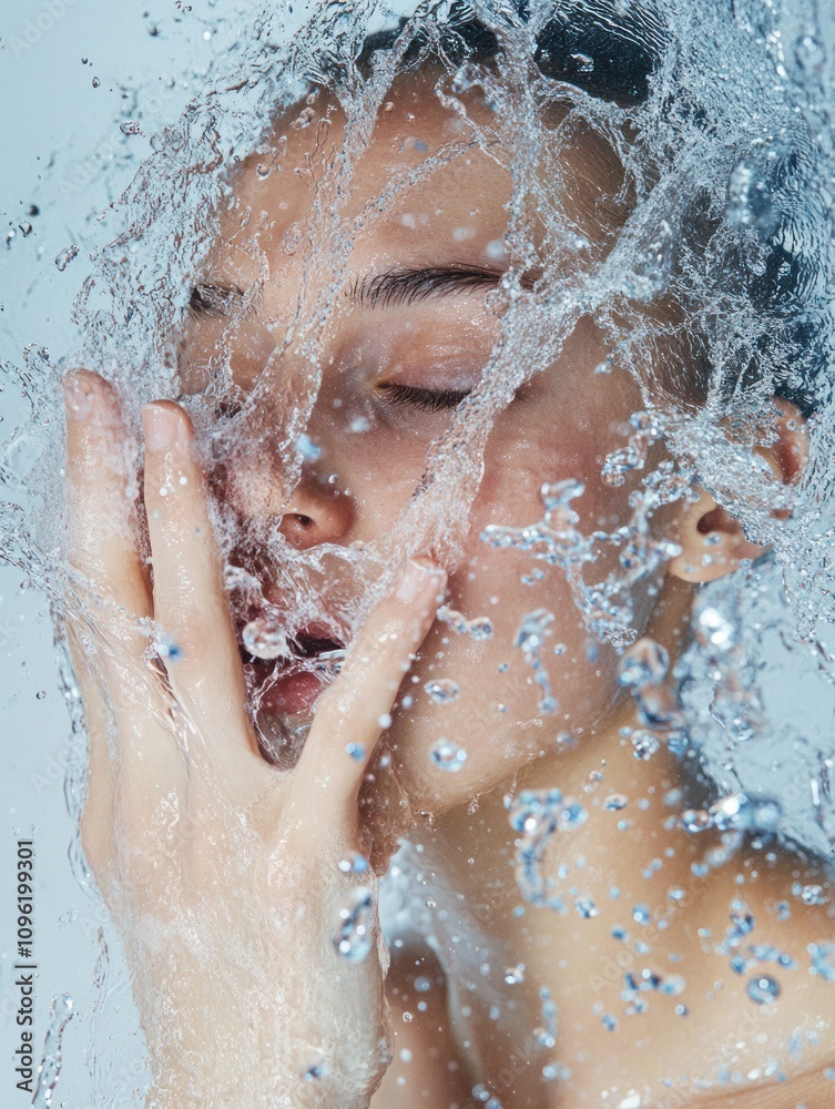 Fototapeta premium Soft-focused image of a person rinsing face, water splash effects frozen in motion, bright studio setting