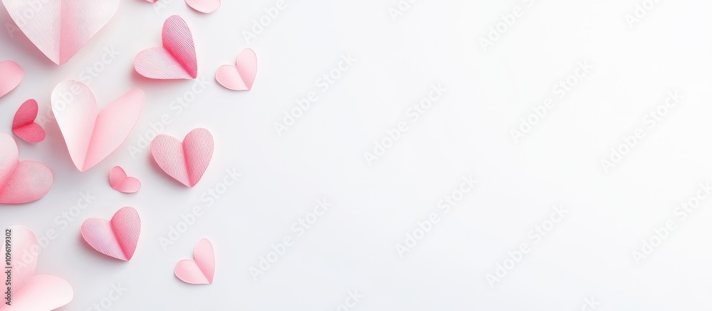 Valentine's Day flat lay with pink paper hearts on a white background minimalist design for romantic celebrations and greetings cards mockup Valentine's Day flat lay with pink paper hearts on a white background minimalist design for romantic celebrations and greetings cards mockup
