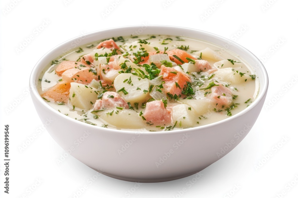 A creamy vegetable soup with chunks of meat, garnished with herbs in a white bowl. A creamy vegetable soup with chunks of meat, garnished with herbs in a white bowl.