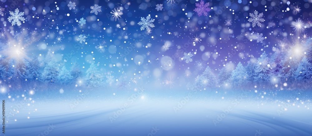 Obraz premium Winter wonderland backdrop with sparkling snowflakes and a magical blue night sky for festive New Year and Christmas celebrations