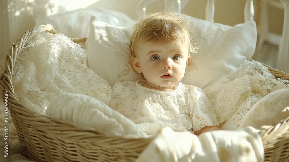 Adorable Baby Sitting in a Woven Basket Surrounded by Soft Blankets and Delicate Fabrics in a Brightly Lit Cozy Room, Perfect for Family and Child Photography Adorable Baby Sitting in a Woven Basket Surrounded by Soft Blankets and Delicate Fabrics in a Brightly Lit Cozy Room, Perfect for Family and Child Photography