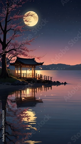 A tranquil anime beach at twilight, with gentle waves, a full moon reflecting on the water, and cherry blossom trees in the background.”