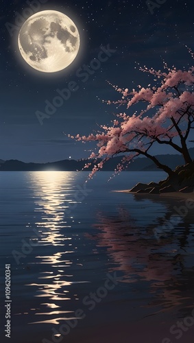 A tranquil anime beach at twilight, with gentle waves, a full moon reflecting on the water, and cherry blossom trees in the background.”