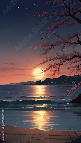 A tranquil anime beach at twilight, with gentle waves, a full moon reflecting on the water, and cherry blossom trees in the background.”