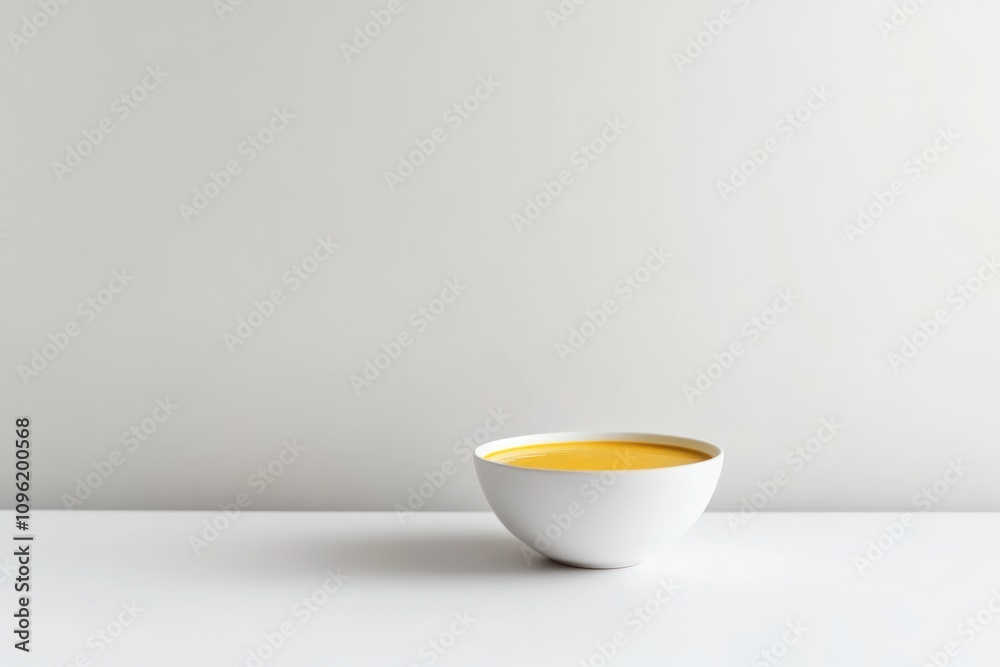 A simple white bowl filled with yellow liquid on a minimalist surface. A simple white bowl filled with yellow liquid on a minimalist surface.