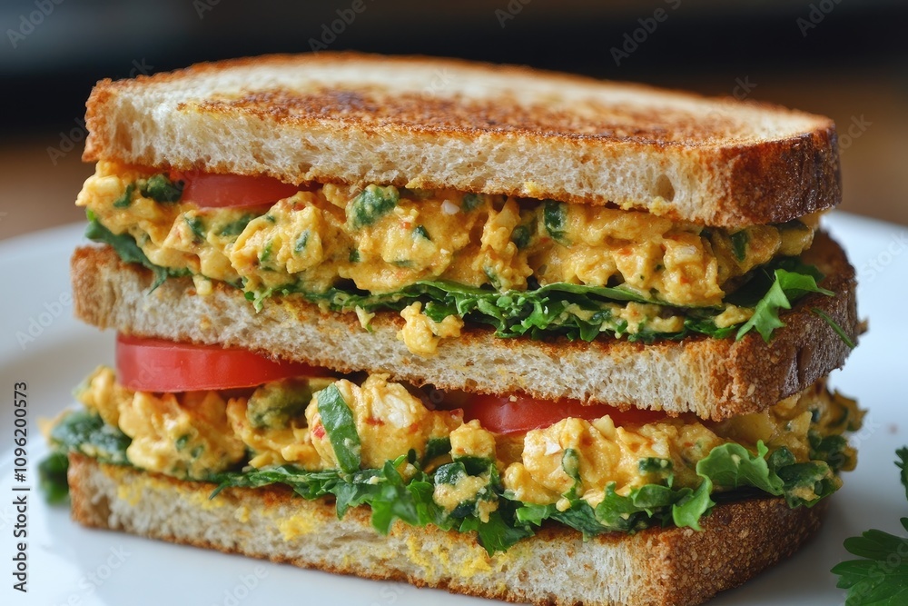 Curried egg salad sandwich resting on toasted wheat bread Curried egg salad sandwich resting on toasted wheat bread