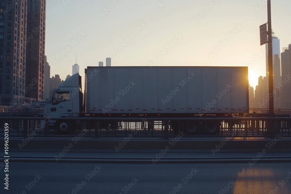Sunrise Over Cityscape with Truck on Road, Capturing Urban Transportation and Logistics Against a Backdrop of Skyscrapers and Morning Light