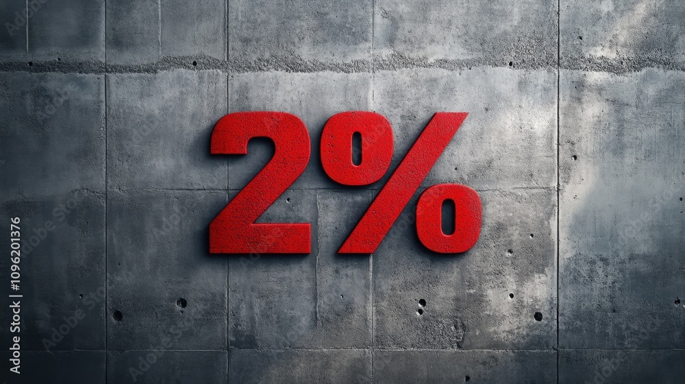 Fototapeta premium Bold Red Number Two Percent on Textured Concrete Wall, Emphasizing Growth and Achievement with Industrial Style in Modern Design Environment